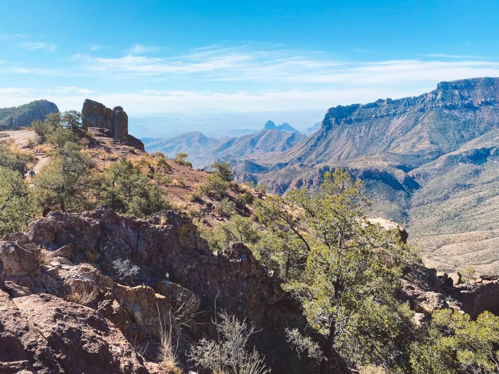 a wide view of the rugged Chisos Mountains in Big Bend