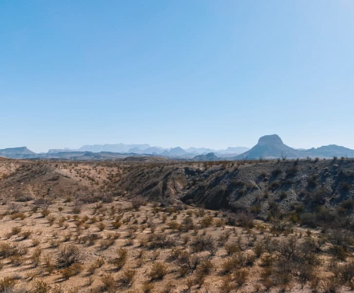 the arid rolling hills of the Big Bend Desert, with distant mountains in the background.