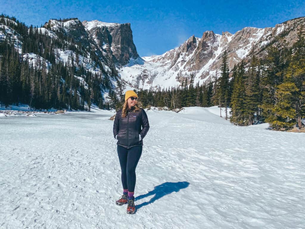 Brooke on a frozen Emerald Lake in Winter