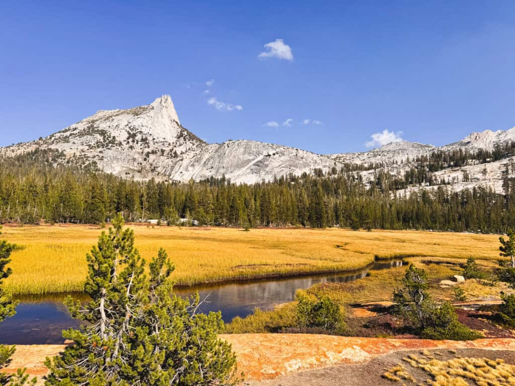 Cathedral Peak seen from Lower Cathedral Lake in Yosemite