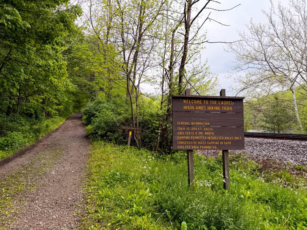 Laurel Highlands Hiking Trial sign at the northern terminus in Ohiopyle, PA